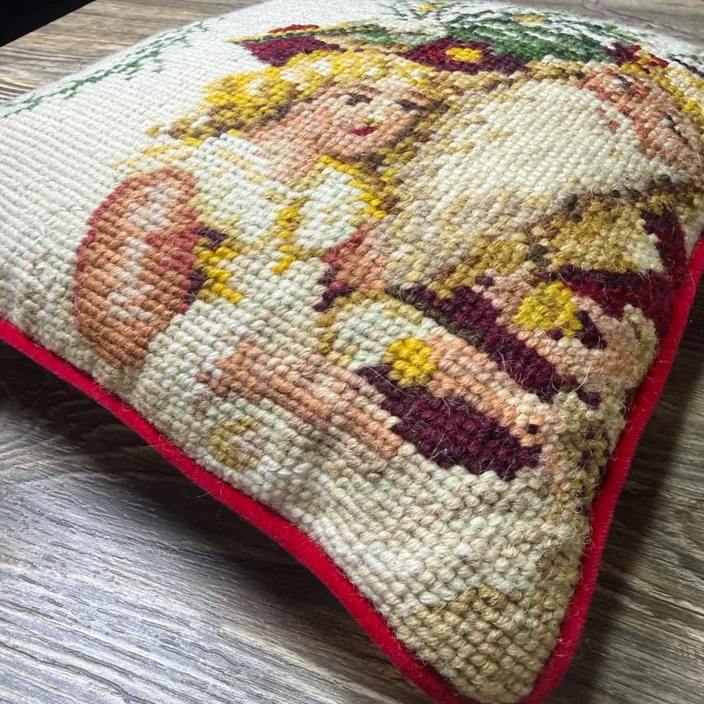 Vintage Needlepoint Christmas Pillow Santa and Girl Red Velvet Back 9x9.5